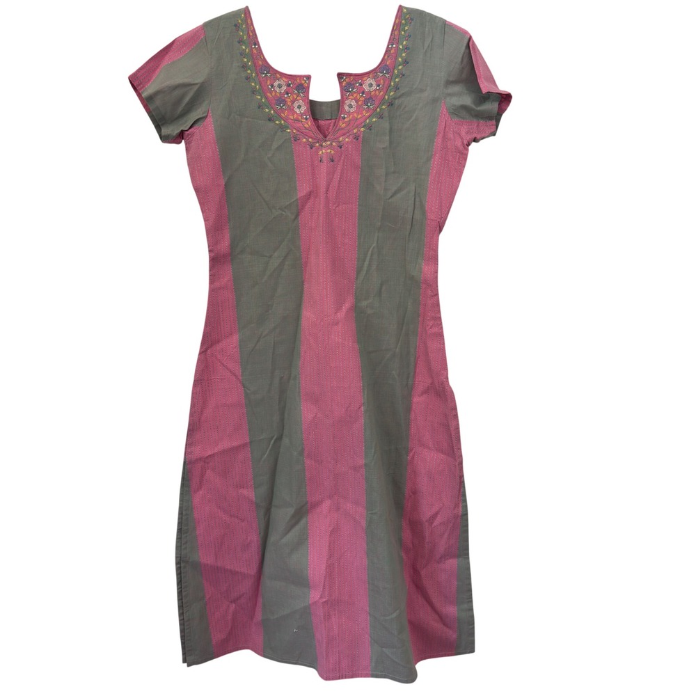 Kurti Tunic Dress Womens S/M Pink Grey Striped Cotton Floral Embroidered Boho